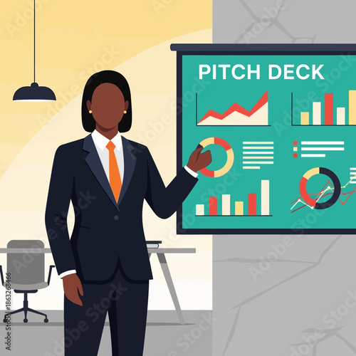 Professional Black businesswoman confidently presents detailed pitch deck slides featuring diverse financial charts and analytic data visuals.
