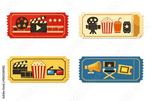 Collection of stylized movie tickets with cinema icons