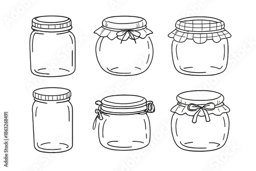 Set of six hand-drawn jars with lids