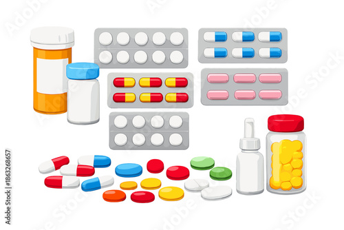 Medical pills and bottles with abstract background
