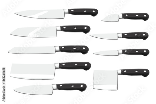 Collection of Kitchen Knives on a Textured Gray Background