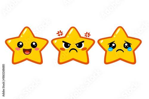 Three cartoon stars showing different emotions: happy, angry, and sad