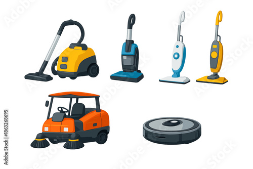 Collection of cartoon cleaning equipment on a grey background