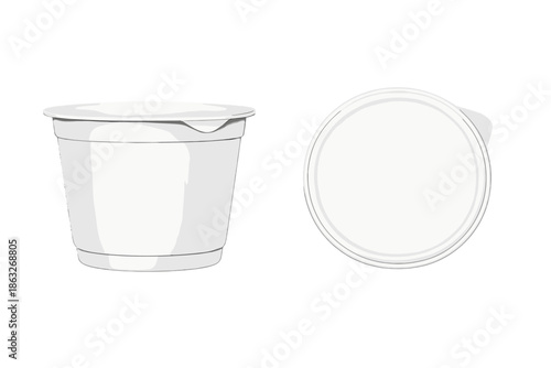 White yogurt cup with lid, side and top view