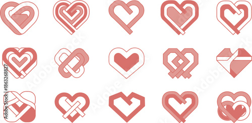 A collection of fifteen abstract heart shapes displaying intertwined lines and minimalist designs symbolizing love and connection
