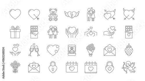 Love and Devotion Icons: A charming collection of love-themed icons, featuring hearts, gifts, and romantic symbols, perfect for adding a touch of affection to your creative projects.