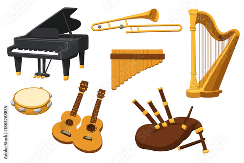 Collection of musical instruments on a golden background
