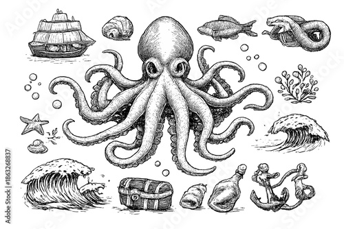 Hand-drawn illustration of a Kraken and underwater scene