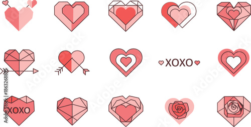 A delightful collection of cute geometric and outlined heart designs in various shades of pink for romantic themes and celebrations