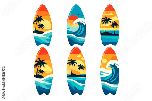 Six Surfboards with Tropical Beach Scene Illustrations