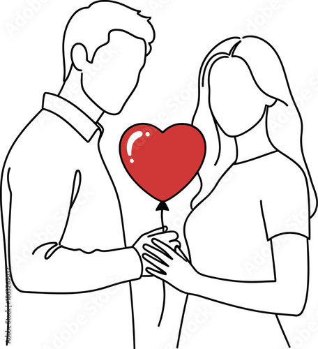 A faceless minimalist line art couple sharing a red heart balloon symbolizing love and connection on a special day