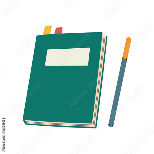 A closed book with bookmarks and a pen. A notebook for notes, a notepad. Fiction, a school textbook, a sketchbook. Hand-drawn, isolated vector illustration.