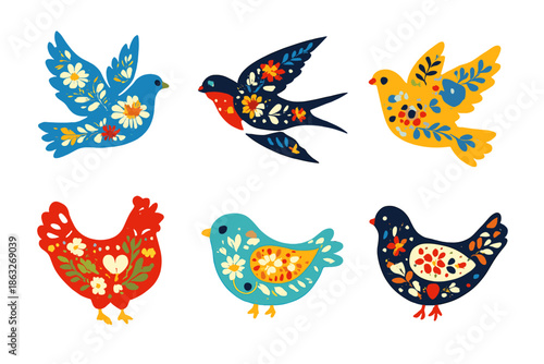 Folk Art Birds with Floral Motifs and Glowing Aura