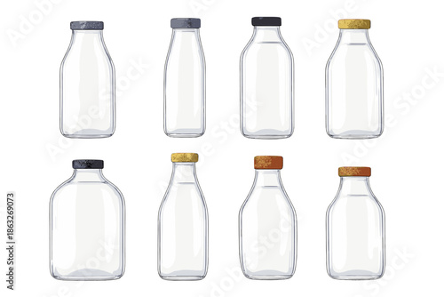 Collection of eight clear glass bottles with colored caps