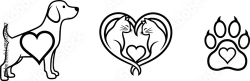 Charming outlined dog affectionate cats and a loving paw print with heart symbols beautifully illustrating pet friendship and animal companionship concepts