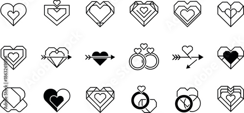 Collection of elegant minimalist heart and wedding ring icon designs for expressing love and romance and celebrating relationships