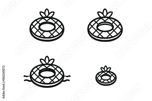 Four black line drawings of life preservers on a dark gray background