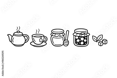 Tea time icons with teapot, teacup, honey jars and sugar cubes