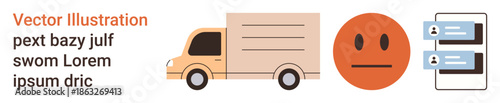 Logistics, delivery services, online accounts, emotions, authentication, messaging. A truck, neutral face emotion and login screens. Logistics and delivery services concept
