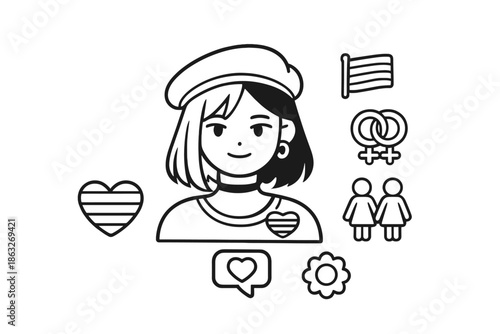 Stylized person with LGBTQ+ symbols