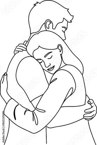 Romantic couple embracing tightly in a tender hug demonstrating deep affection and emotional connection with minimalist continuous line art style