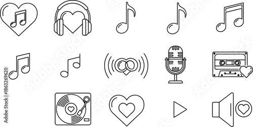 Outline vector icons illustrating music love audio communication and vintage entertainment technology perfect for web design and app interfaces