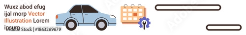 Task planning, scheduling, transportation, time management, automotive workflow, logistics. Blue car, calendar with a gear icon lines for processes. Task planning and scheduling concepts
