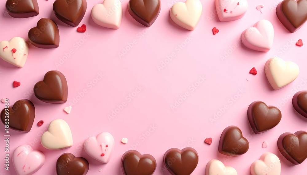 Fototapeta premium Valentine's Day pink background, heart-shaped chocolates, empty space in the middle, top view.