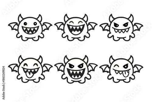 Six cute cartoon devil icons with different facial expressions