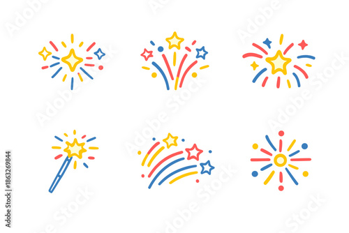 Neon Fireworks Icons Set on a Dark Background