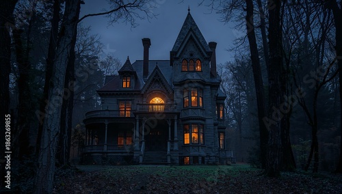 Historic Mansion Stands in Woods at Night With Bright Windows and Dark Trees ...