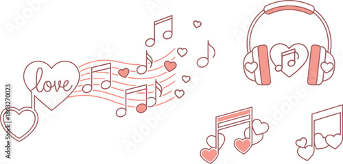Sweet love melody illustration with hearts musical notes and headphones symbolizing romantic emotions and passion for music on transparent background