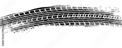 Tire track. Tyre mark of car, bike, motorcycle with grunge effect on white background. Wheel footprint, road element, dirty rubber protector pattern. Realistic vector illustration.
