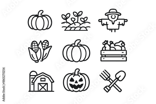Farm icons set with pumpkins, scarecrow, corn, barn and garden tools