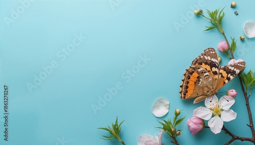 Butterfly on Cherry Blossoms With Pink Petals on Blue Background in Spring Se...