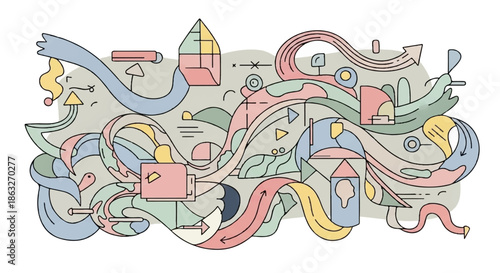 Modern abstract illustration with a maze-like flow of interconnected lines, geometric shapes, and organic forms, symbolizing innovation, data pathways, and creative problem-solving
