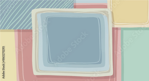 Abstract layered squares and rectangles with soft pastel color palette and textured lines