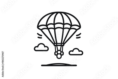 Parachute Icon with Clouds and Ground