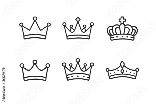 Set of six stylized crown icons on a dark gradient background