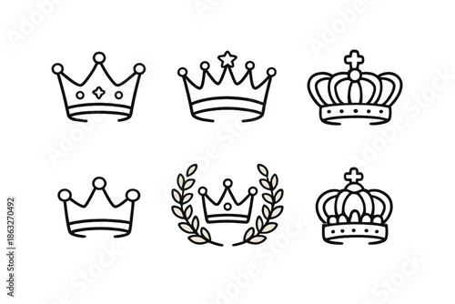 Collection of six stylized crown icons on a golden background