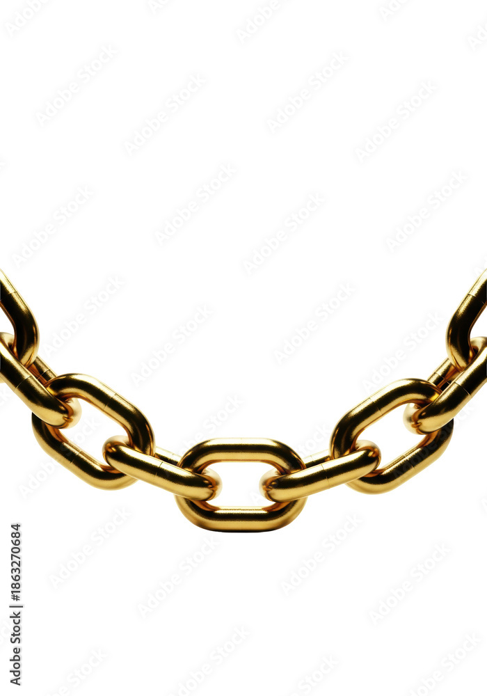 Obraz premium A continuous segment of highly polished, mirror-finish 24-karat gold heavy-duty anchor chain isolated on a seamless pure white background, concept of resilience and precision engineering