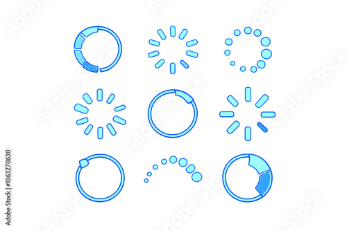 Set of 9 glowing blue loading indicators on a dark gradient background