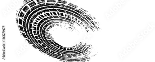 Tire track. Tyre mark of car, bike, motorcycle with grunge effect on white background. Wheel footprint, road element, dirty rubber protector pattern. Realistic vector illustration.