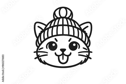 Cute cartoon cat wearing a beanie, with tongue out