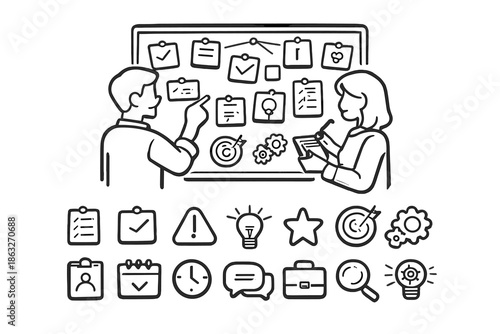 Team collaborating on a strategy board with icons