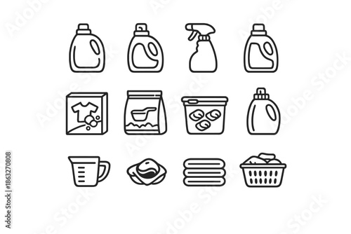 Laundry product icons in a grid on a gradient background
