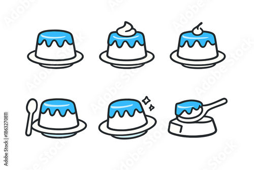 Six variations of a blue jelly dessert icon