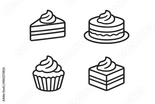 Four cartoon cakes with frosting on a gold background