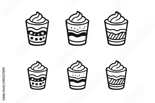 Six stylized drinks with whipped cream on a gray background
