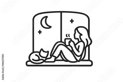 Woman and Cat Enjoying a Cozy Night by the Window